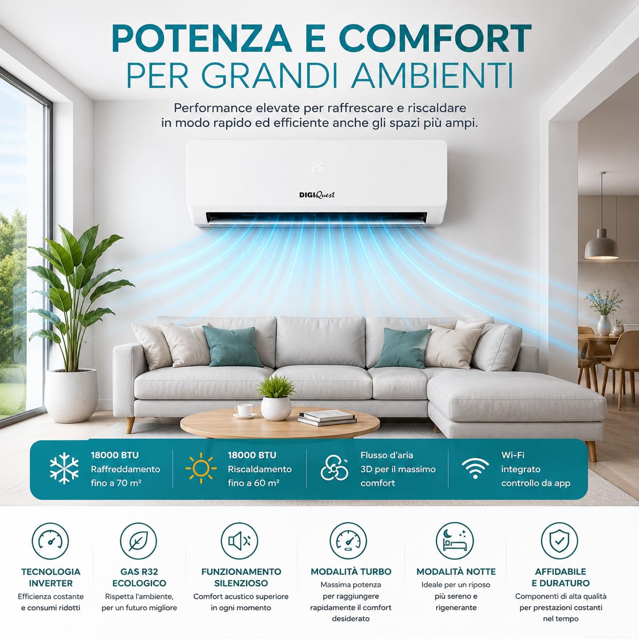 Climatizzatore Digiquest Inverter V5 18000BTU | Wi-Fi integrato | R32 | Classe A++ Raffreddamento/A+++ Riscaldamento | I FEEL | Flusso d’aria 3D | TURBO | Notte | SEER 6,1 | SCOP 5,1 | CLIMA00064