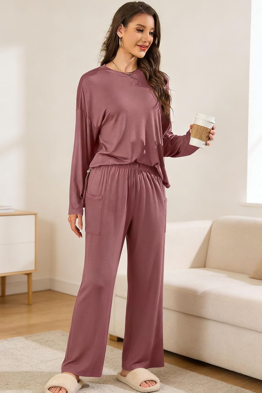 SHEKINI Women's 2 Piece Lounge Sets Long Sleeve Tops Wide Leg Pants Matching Set Loose Comfy Pajamas Set Fall Outfits - Image 3