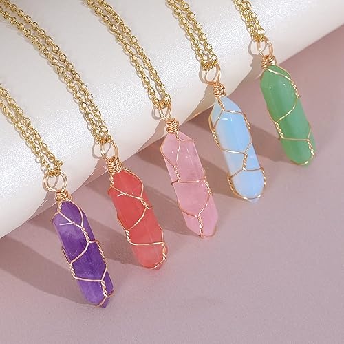 Miniatura 4 de Collar de cristal curativo envuelto con alambre de punto natural collar hexagonal de reiki espiritual de cuarzo piedras preciosas para mujeres y