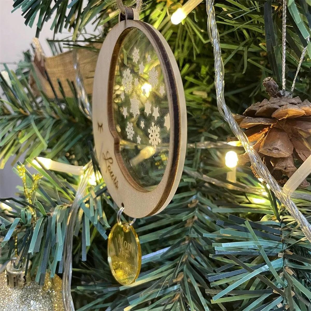 Nombre Personalizado Adorno navideño Bola de Madera y acrílico Transparente Adorno navideño Personalizado Copo de Nieve Espejo Oro Rosa-3 Piezas