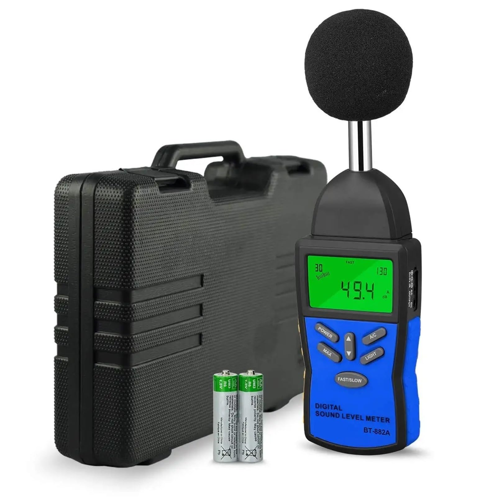 Medidor de Decibelios, Sonómetro de precisión, comprobador digital decibelios for medición volumen ruido 30 a 130 dB con ponderación rápida/lenta CA