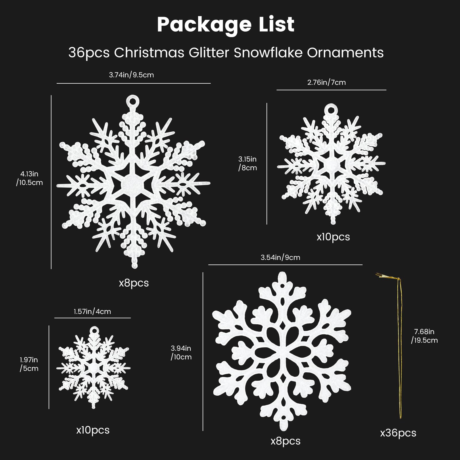 MSQ Lot de 36 Flocons de Neige à Paillettes avec String pour Sapin de Noël | Décoration suspendue - Flocon de neige pour maison, mariage, vacances, fête