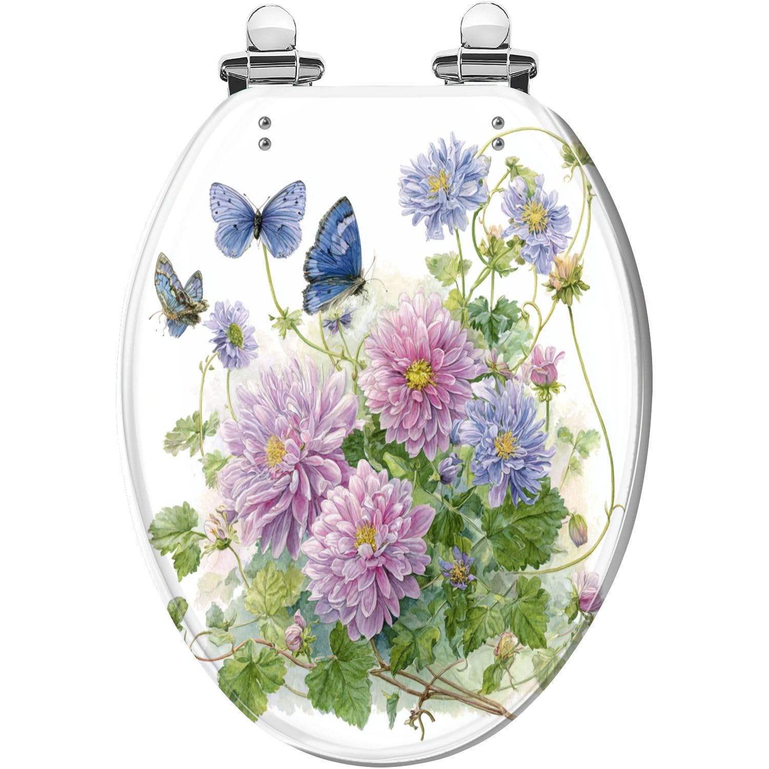 Asiento de inodoro alargado de resina genérica con bisagras de acero inoxidable y mariposas azules suaves.