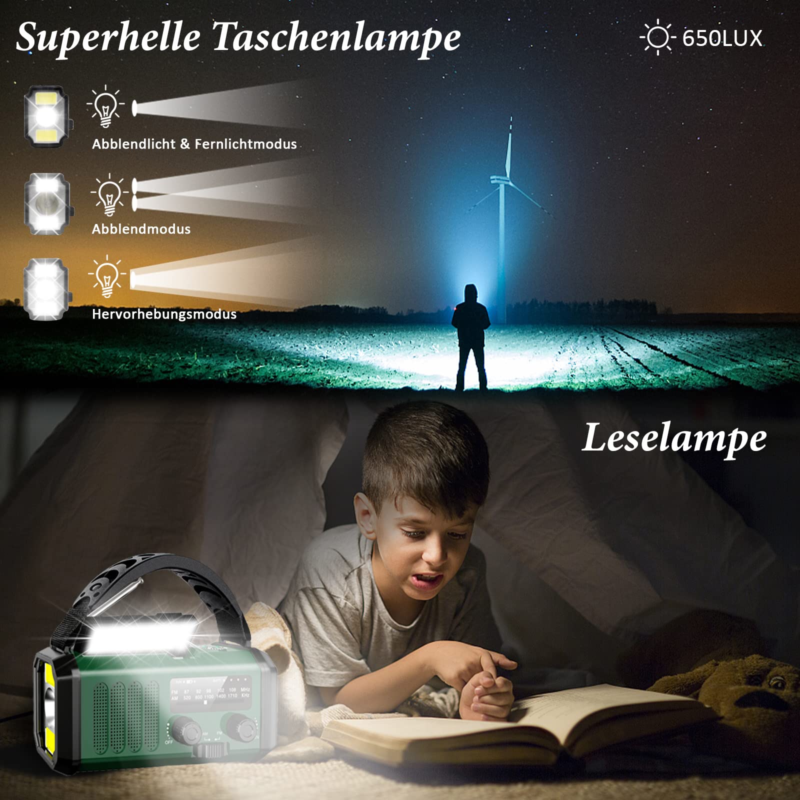 Radio a manovella, 10000 mAh, con manovella di emergenza, FM/AM portatile, radio di emergenza Dynamo Radio ricaricabile con funzione di ricarica del cellulare, torcia a LED, lampada da lettura