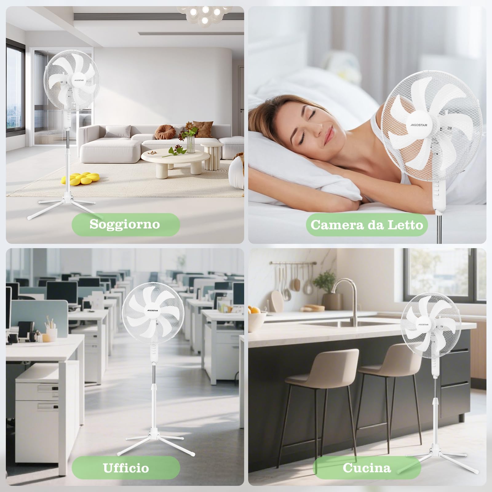 Aigostar Erika - Ventilatore a Piantana Silenzioso 55W,Bianco | Fan con 7 pale, diametro 41 cm, 3 velocità, oscillazione, altezza regolabile 108-130 cm