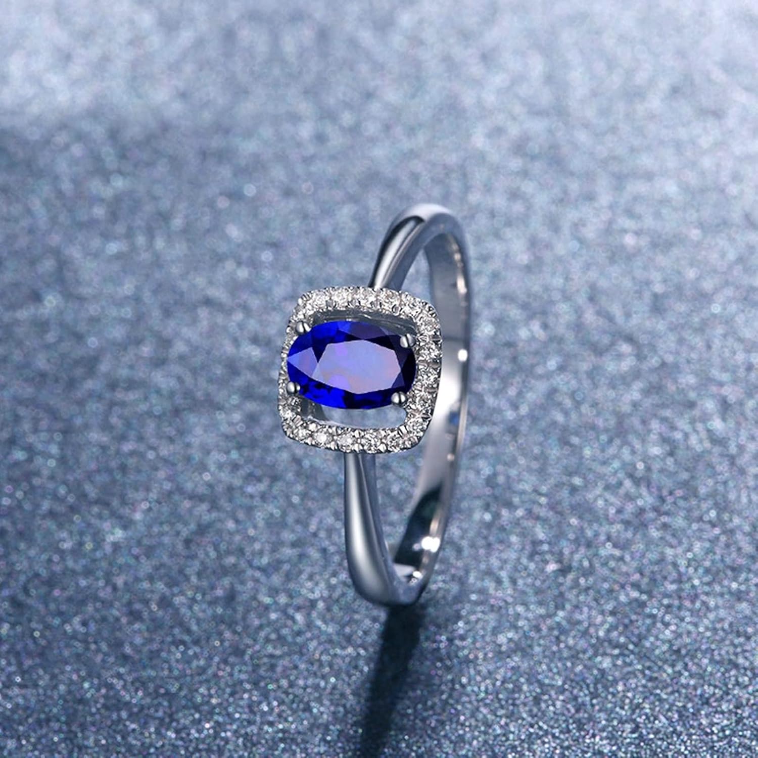 Engagement Ring 18K White Gold, Delicate Ring Blue Hollow Square with Oval Sapphire Rings Jewelry Proposal Gift for Women