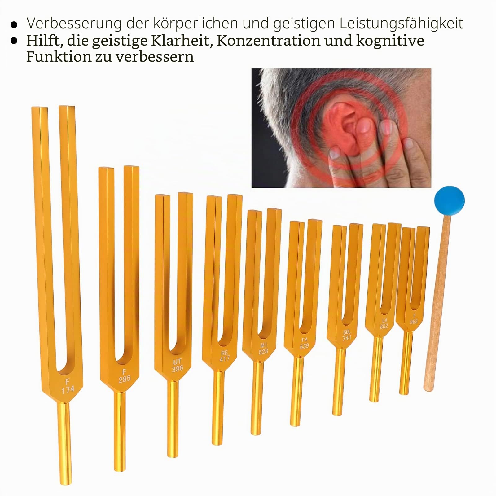Stimmgabel Set, 9PCS Tuning Fork, 174 Hz/ 285 Hz/ 396 Hz/ 417 Hz/ 528 Hz/639 Hz/ 741 Hz/ 852 Hz/ 963 Hz, Resonanz Stimmgabel aus Aluminiumlegierung Stimmgabel Vibrationsinstrument