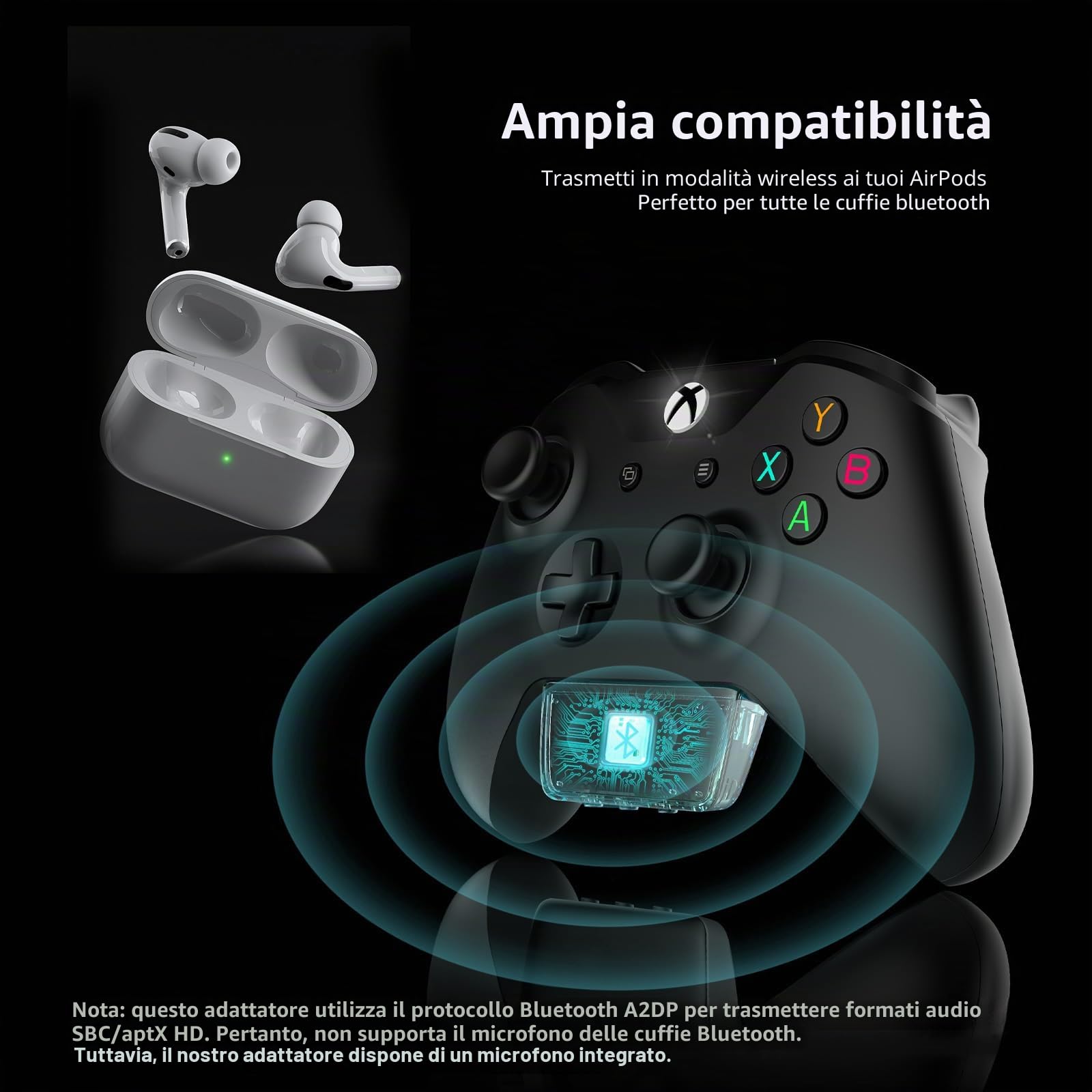 Adattatore Audio Wireless Bluetooth 5.2 per Controller Xbox One, Series X|S e Elite 2, Adattatore Xbox Mic con Schermo Supporta Bassa Latenza