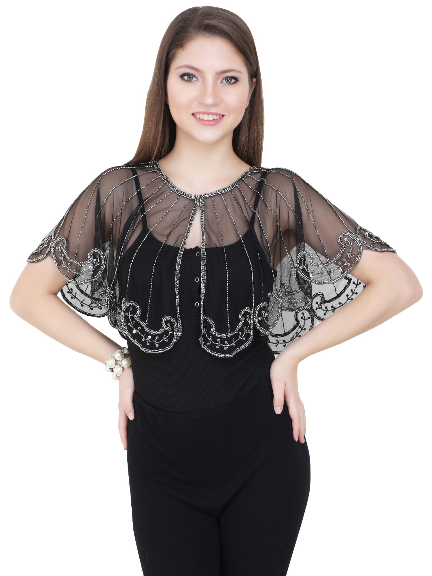Black Silver Colour Short Poncho Shrug Top Hand Beaded Style Saree Suit Cover Up-image-5