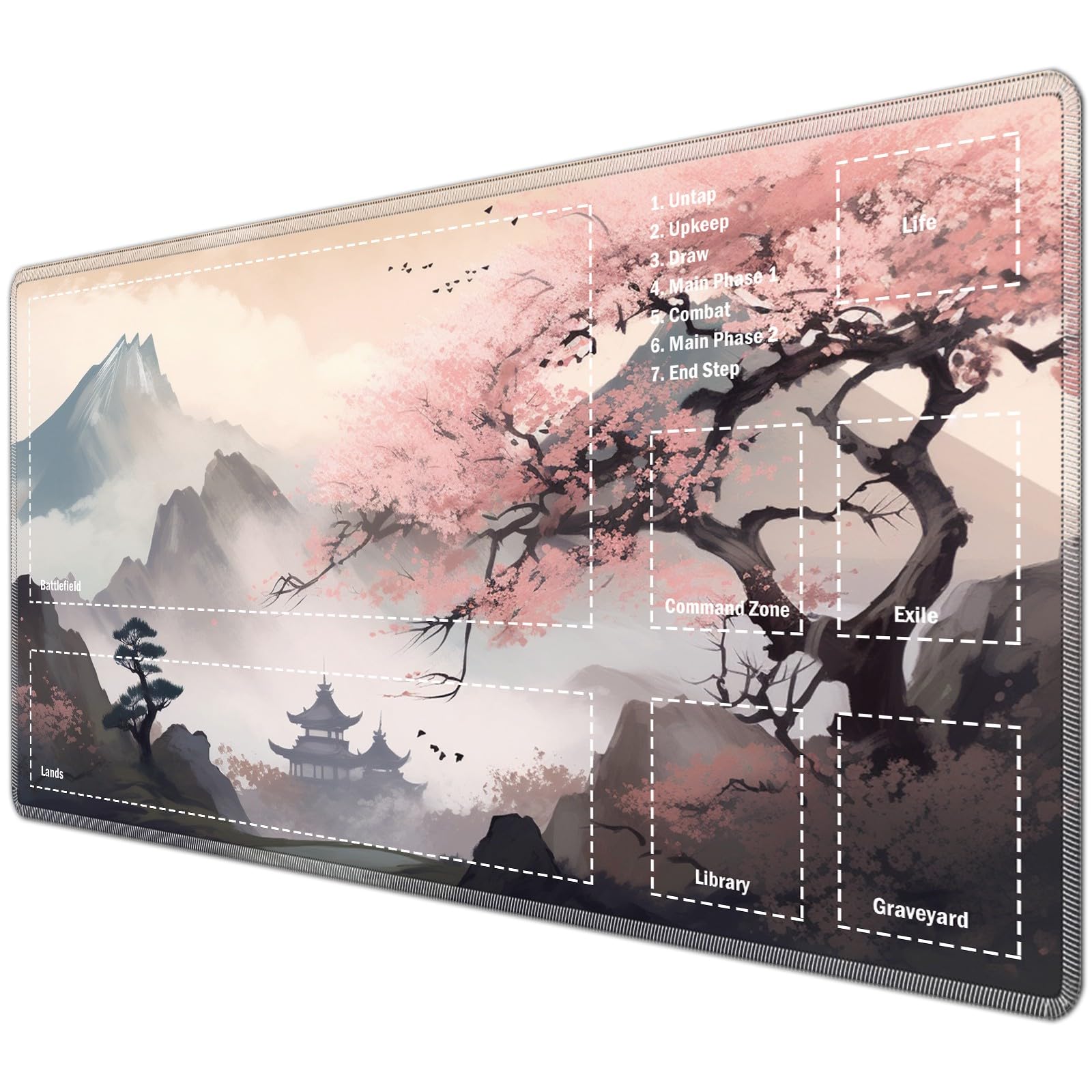 JANENFNA TCG Playmat with Magic Zones 24 x 14 inches Mousepad Compatible for MTG Trading Card Game Play Mats Smooth Rubber Surface Magic The Gathering Play Mat, Landscape Peach Blossom Painting โ image 1