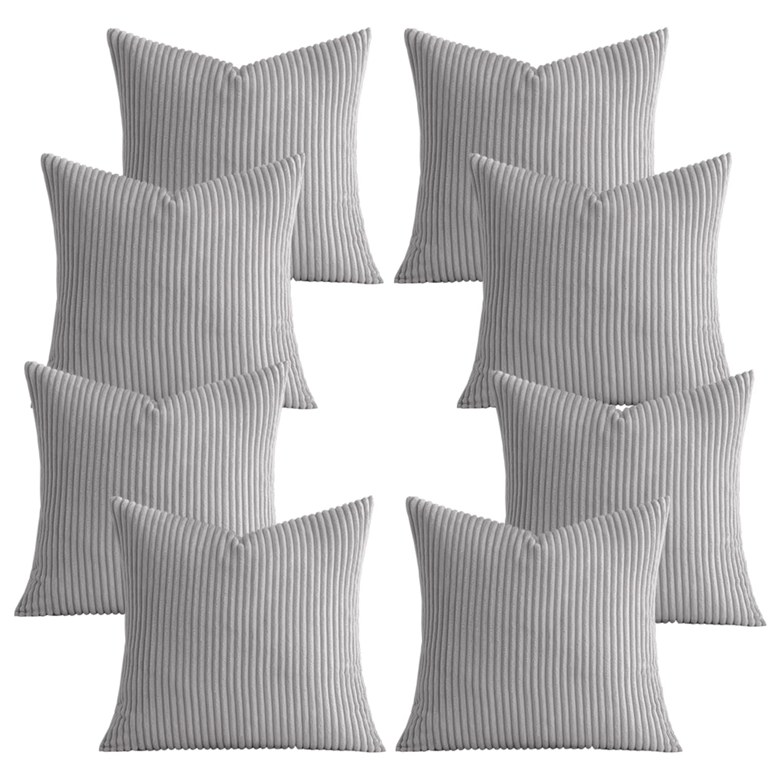 AMEHA Set of 8 Pcs Soft Stripe Silver Velvet Cushion Covers 45 x 45 cm with Invisible Zipper Decorative Square Throw Pillowcases for Livingroom, bed, couch, office (18x18 inch Stripe Cushions)