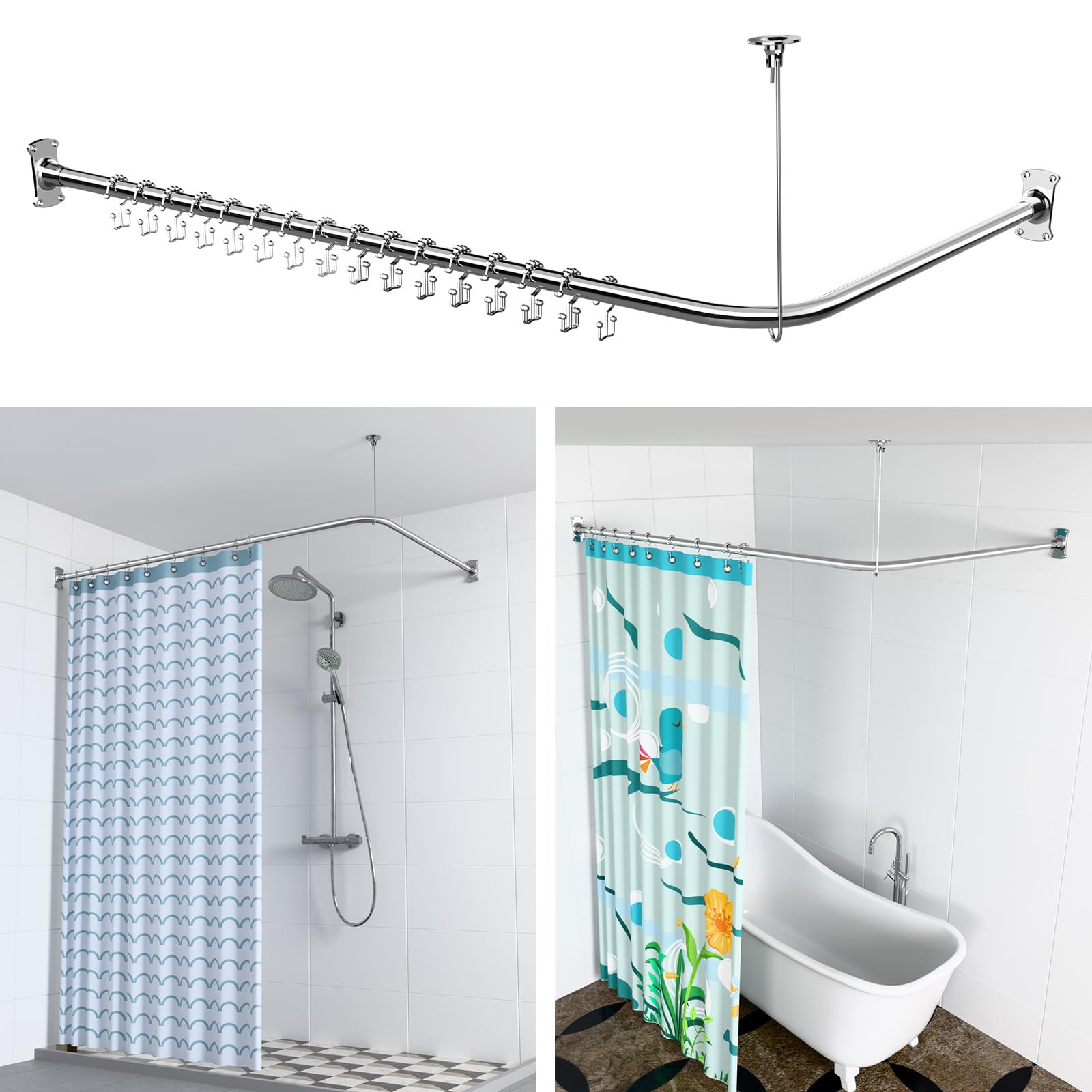 Naiture Asta Per Tenda Doccia A L In Acciaio Inox – 150x70 Cm, Con Supporto A T Per Soffitto, Nero - 5