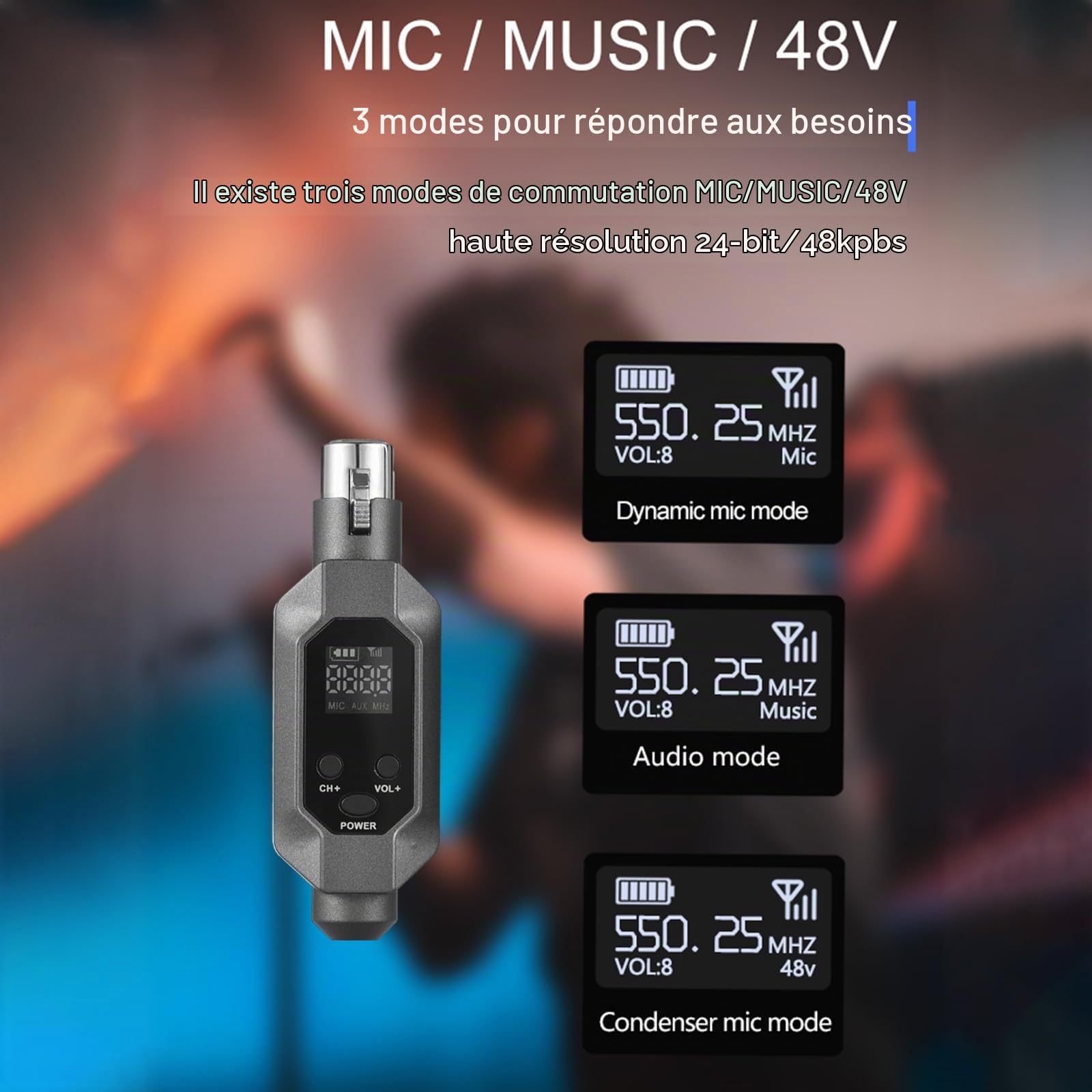 Microphone sans fil XLR Système UHF avec Émetteur et Récepteur pour Mixeur Audio, Guitare électrique, Basse - Réduction du Bruit