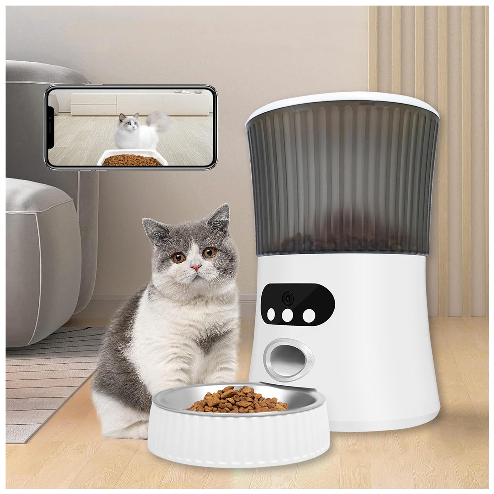 Comedero Automático para Gatos, 6L 2.4G WLAN,con App Control, Full 1080p HD Cámara y Visión Nocturna Comedero Automatico Perros, Dispensador Comida Gatos
