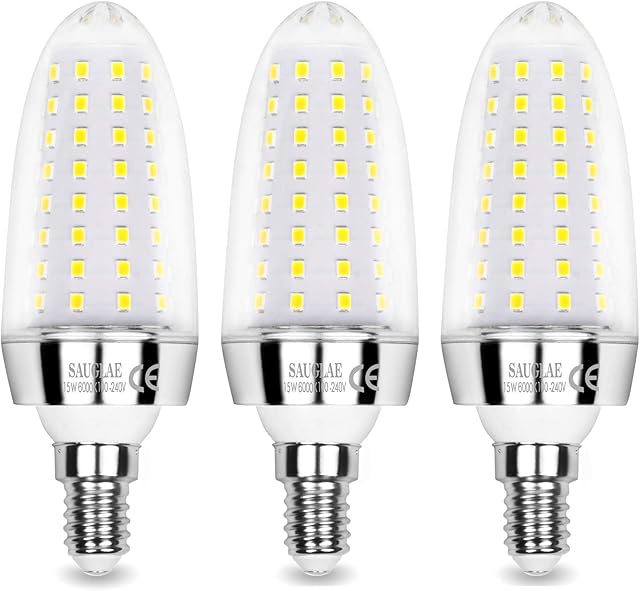SAUGLAE 15W LED Light Bulbs, 120W Incandescent Bulbs Equivalent, 6000K Daylight White, 1700Lm, E14 Small Edison Screw LED Lights, Pack of 3