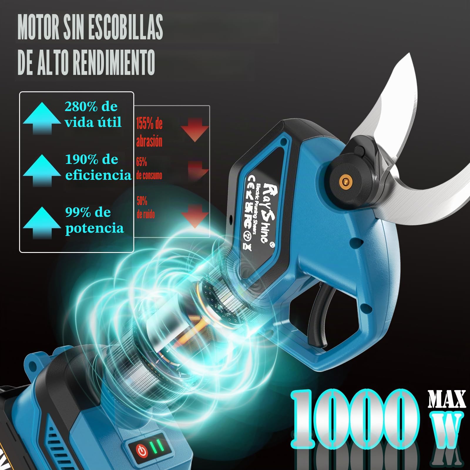 Tijeras de podar eléctricas profesionales inalámbricas, 35 mm, 2 baterías 4.0 Ah, motor sin escobillas 1000 W, corte bypass, contador de cortes LED e interruptor de seguridad, para ramas y arbustos
