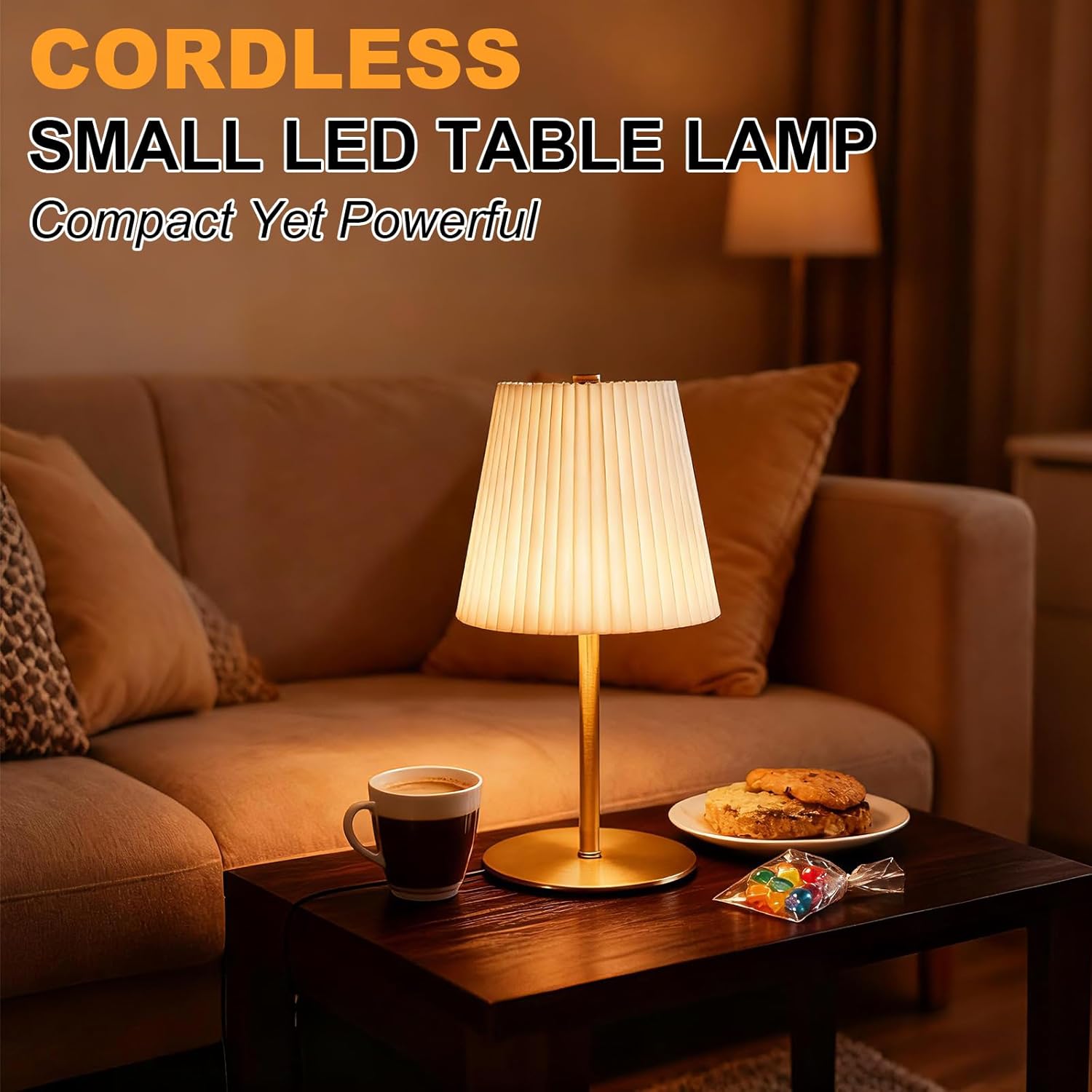 Small Cordless Table Lamp, 5200mAh Rechargeable Battery, Touch Control 3-Color & Stepless Dimming, Portable LED Mini Lamp with Beige Shade for Bedroom, Office, Dining Table, Outdoor Camping