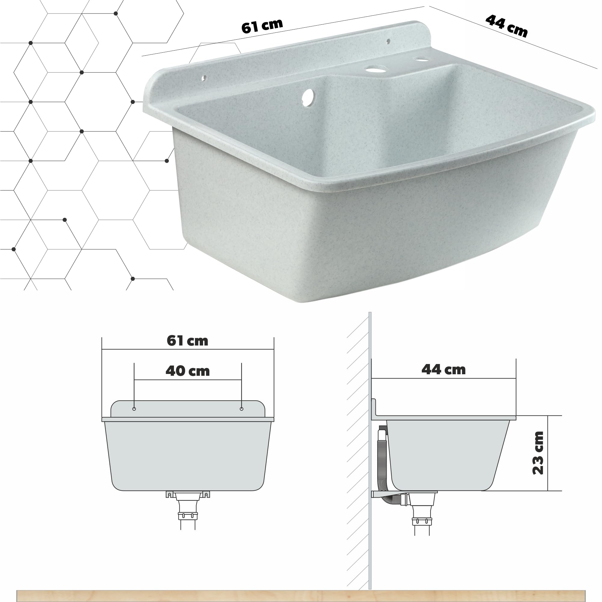 GOSPO Fregadero con grifo extensible, lavabo 61 x 44 x 23,5 cm, lavabo con dispensador de jabón, sifón, fregadero, incluye accesorios, lavabo, lavabo industrial (blanco)