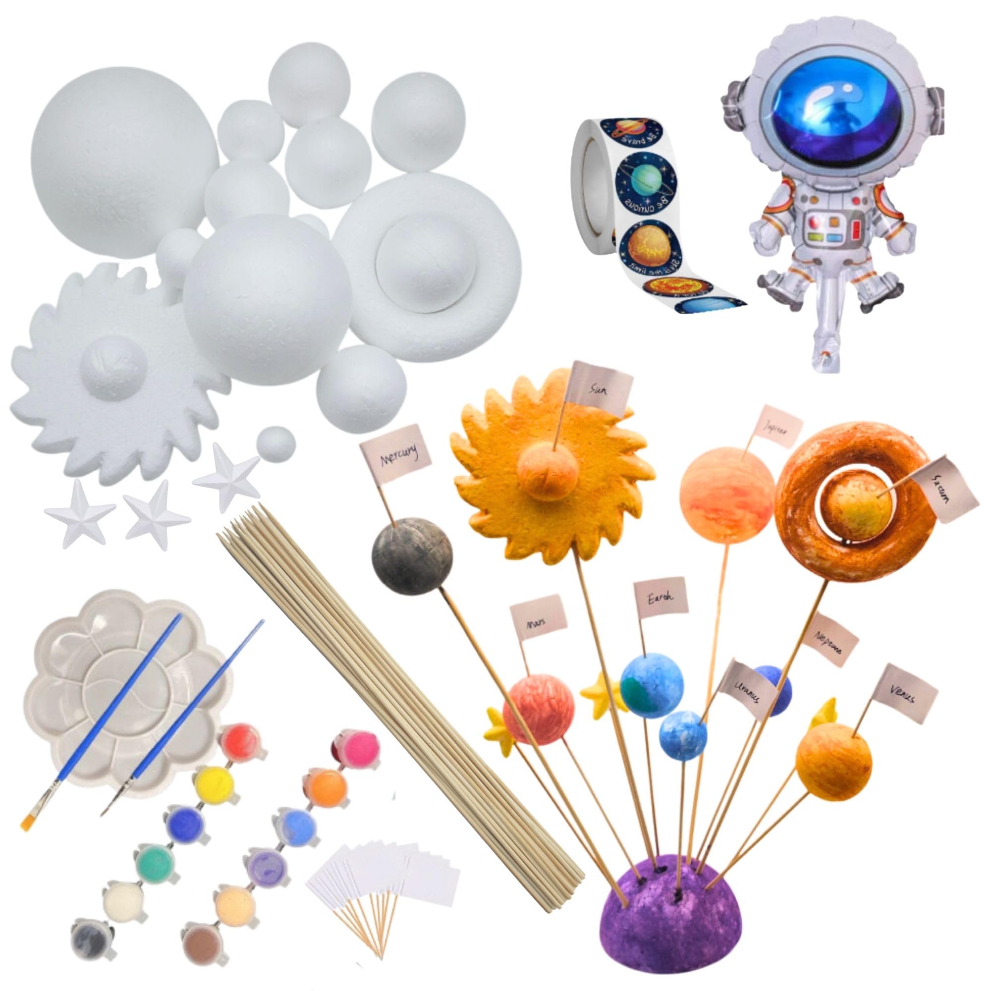 Solar System Model for Crafts, 54 Pack Solar System Project Kit Includes Polystyrene Foam Balls, Flags, Painting Brushes, Sticks, Color Pigments, Paint Tray, Stickers, Balloon for DIY Learn Planets