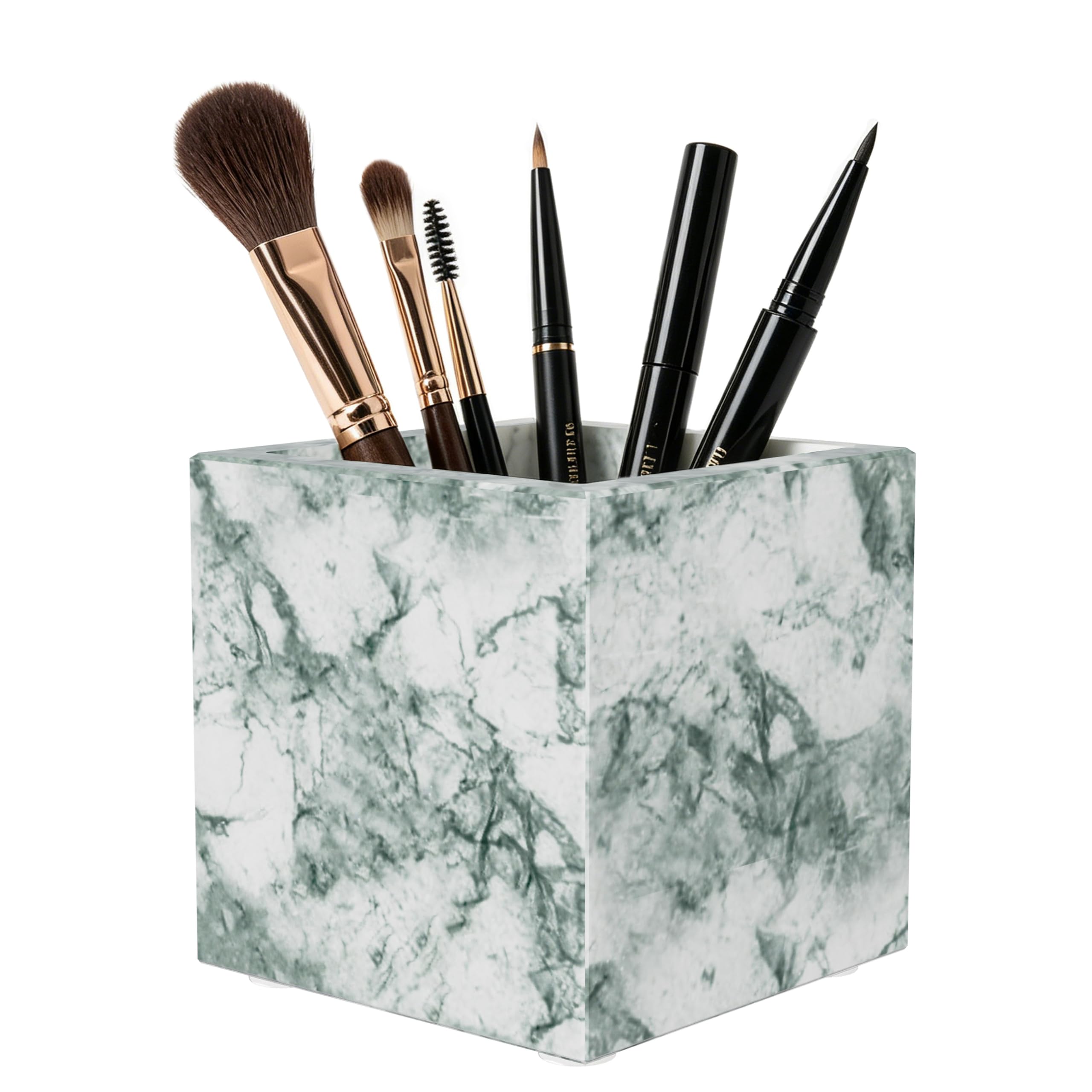 Portaspazzolino da Bagno in Marmo Naturale,10x10x10cm,Texture Verde | Porta Spazzolini con Cuscinetto Antiscivolo,Supporto per Spazzolino,Coppa di Pennello per il Trucco in Pietra con Motivi