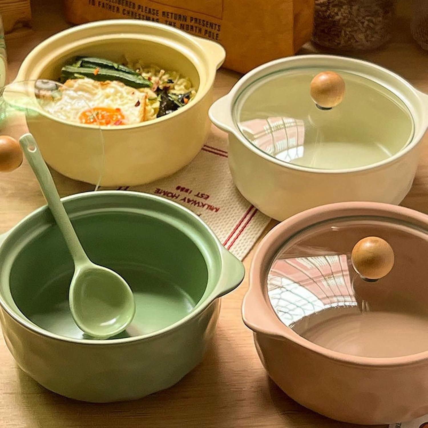 Ceramic glazed ear bowl with cover Nordic fresh personality tableware-off-white