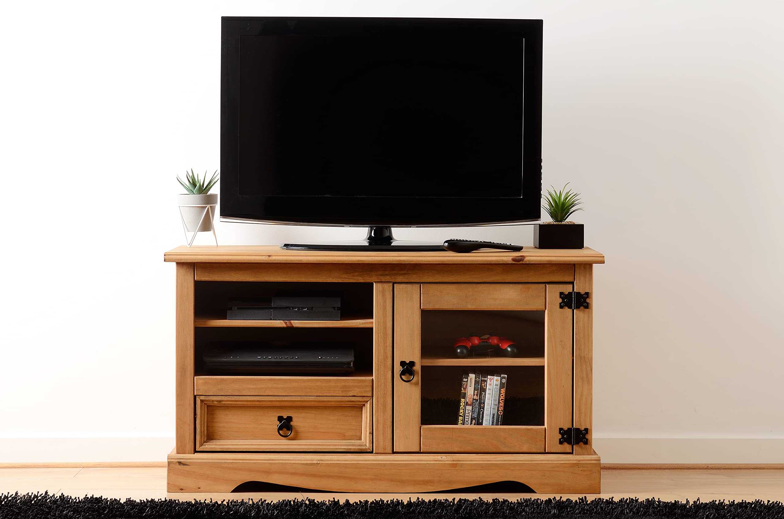 Seconique Corona Entertainment Unit - Distressed Waxed Pine & Black Metal - 1 Door, 1 Drawer, Shelves