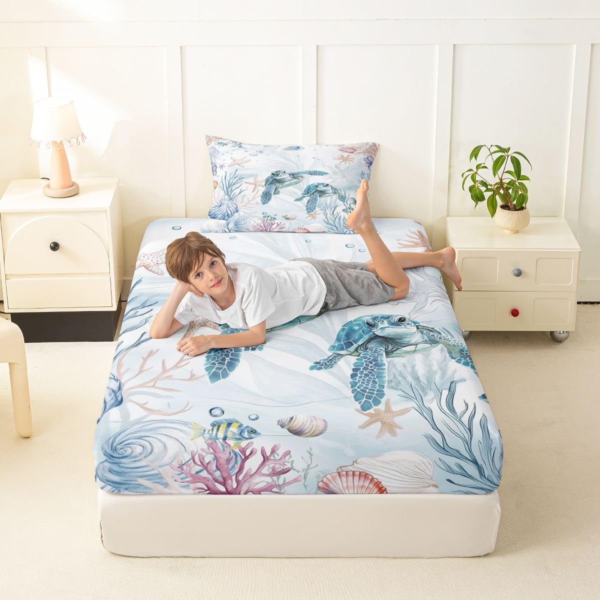 Erosebridal Sea Turtles Bedding Set Twin Kids Sea Life Seashell Starfish Fitted Sheet Nautical Marine Room Decor Bed Sheets,Watercolor Ocean Aesthetic Bed Cover 2 Pcs image 3