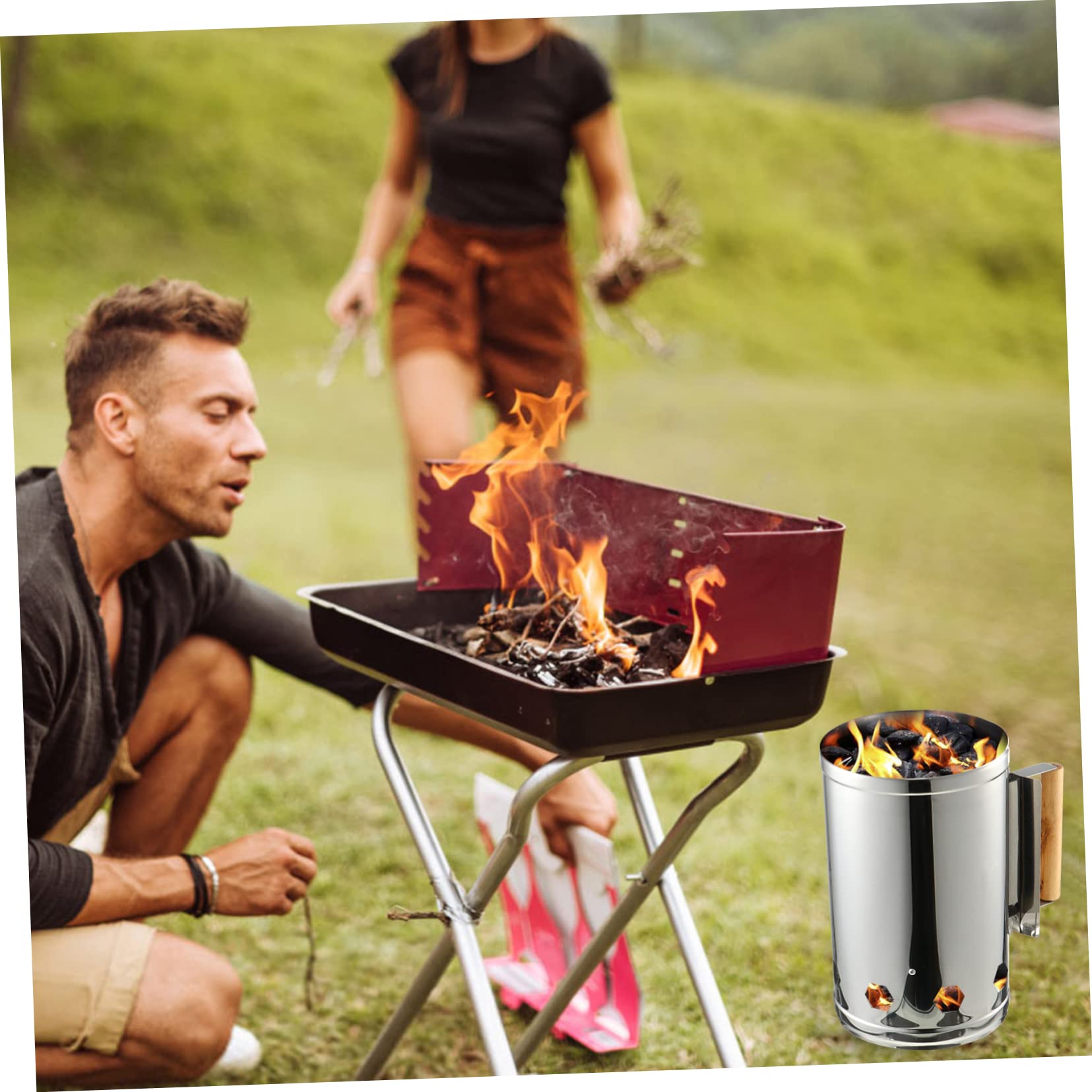 Accenditore per Barbecue a Carbone Manico in Legno Isolante, Accendifuoco Rapido e Antiruggine per Grigliate All'aperto, Caminetti e Picnic Barbecue Portatile