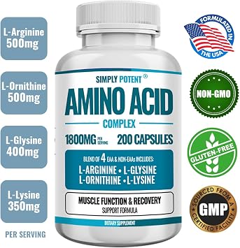 Simply Potent Amino Acid Complex 1800mg 200 Capsules, Blend of 4 Essential and Non Essential Amino Acids, Includes L-Arginine 550mg, L-Ornithine 500mg, L-Glysine 400mg & L-Lysine 350mg for Muscle