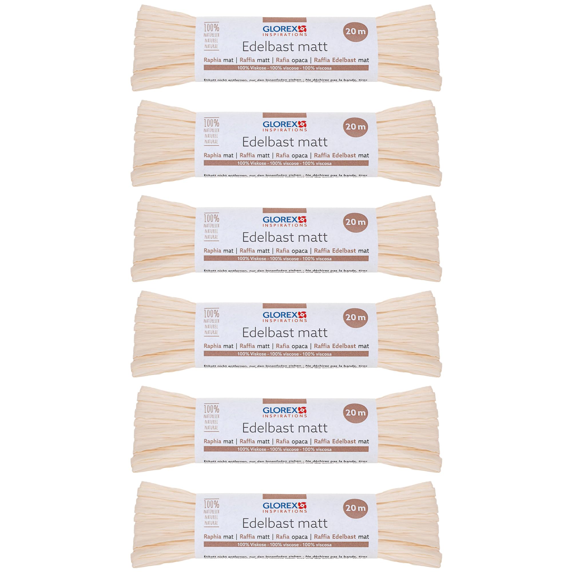 GLOREX 6 9400 511K Raffia Edelbast, 6 Bundles Each 20 m Matte Raffia, Beige - for Crafts, Decoration or for Arrangements, Bouquets and Other Floristry Work