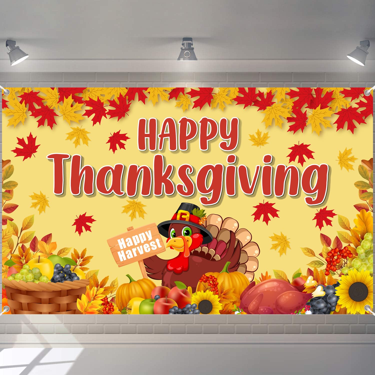 Happy Thanksgiving Banner Backdrop 72x44 Inch, Thanksgiving Day Party Indoor Outdoor Decorations
