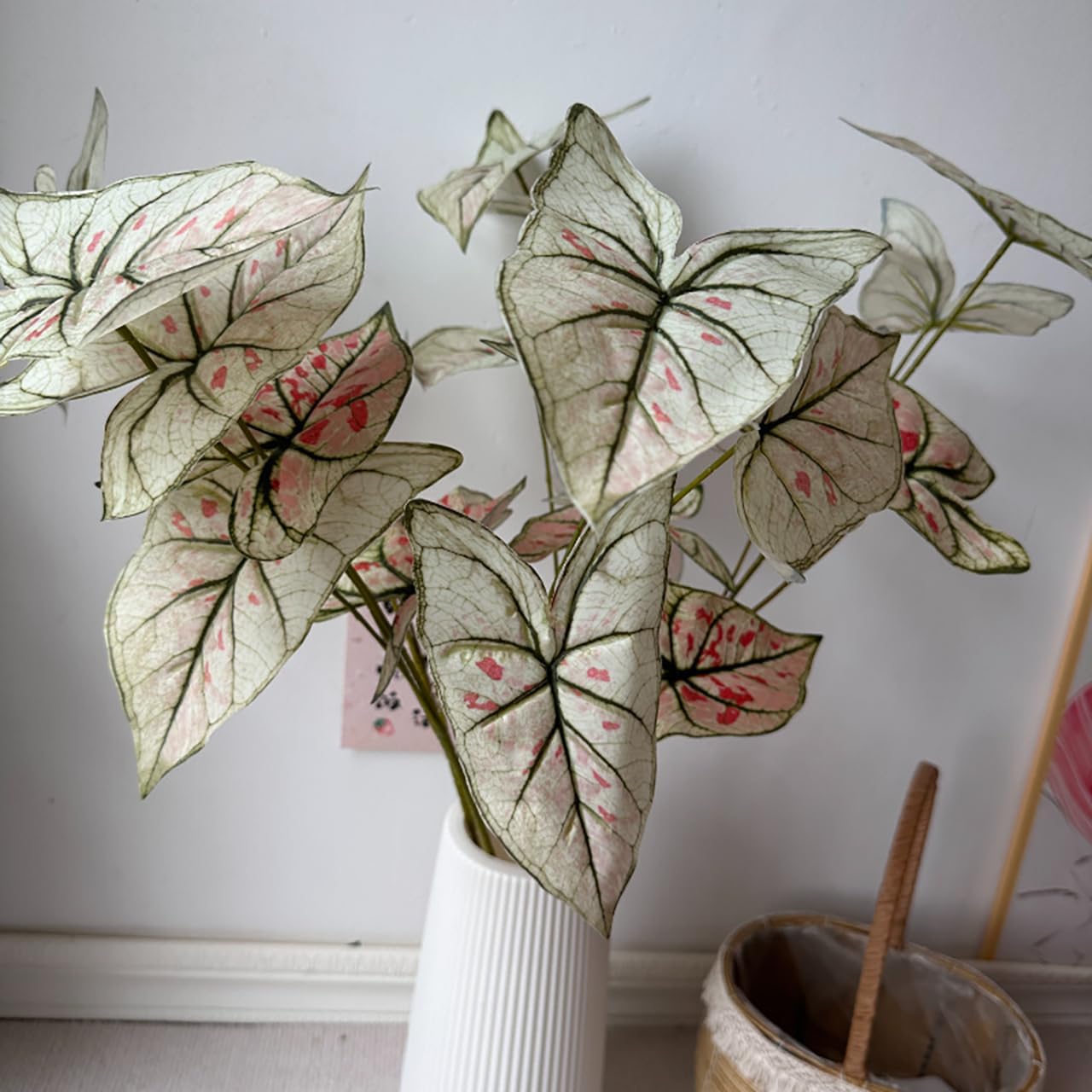 Artificial Caladium Bicolor Green Plants for DIY Indoor Decoration Used in Decorating Kitchen Living Room Decorating (8, White)