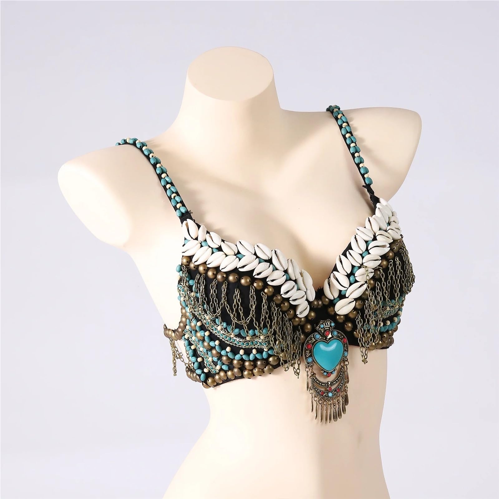 Reggiseno da donna for danza del ventre tribale push up Conchiglie Perline Top Accessori zingari vintage Monete con medaglione turchese Per Donne