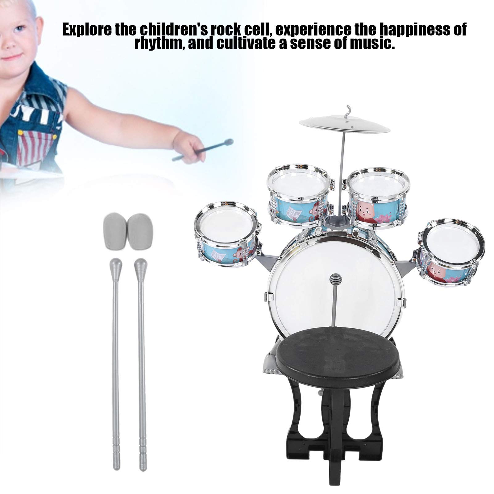Cryfokt Juego de Batería para Niños de 1 a 6 Años, 5 Tambores, 1 Platillo, Instrumento Musical con Baquetas de Esponja Suave, Juguete Educativo de Ritmo para Coordinación Mano-pie, Tambor de Dibujos