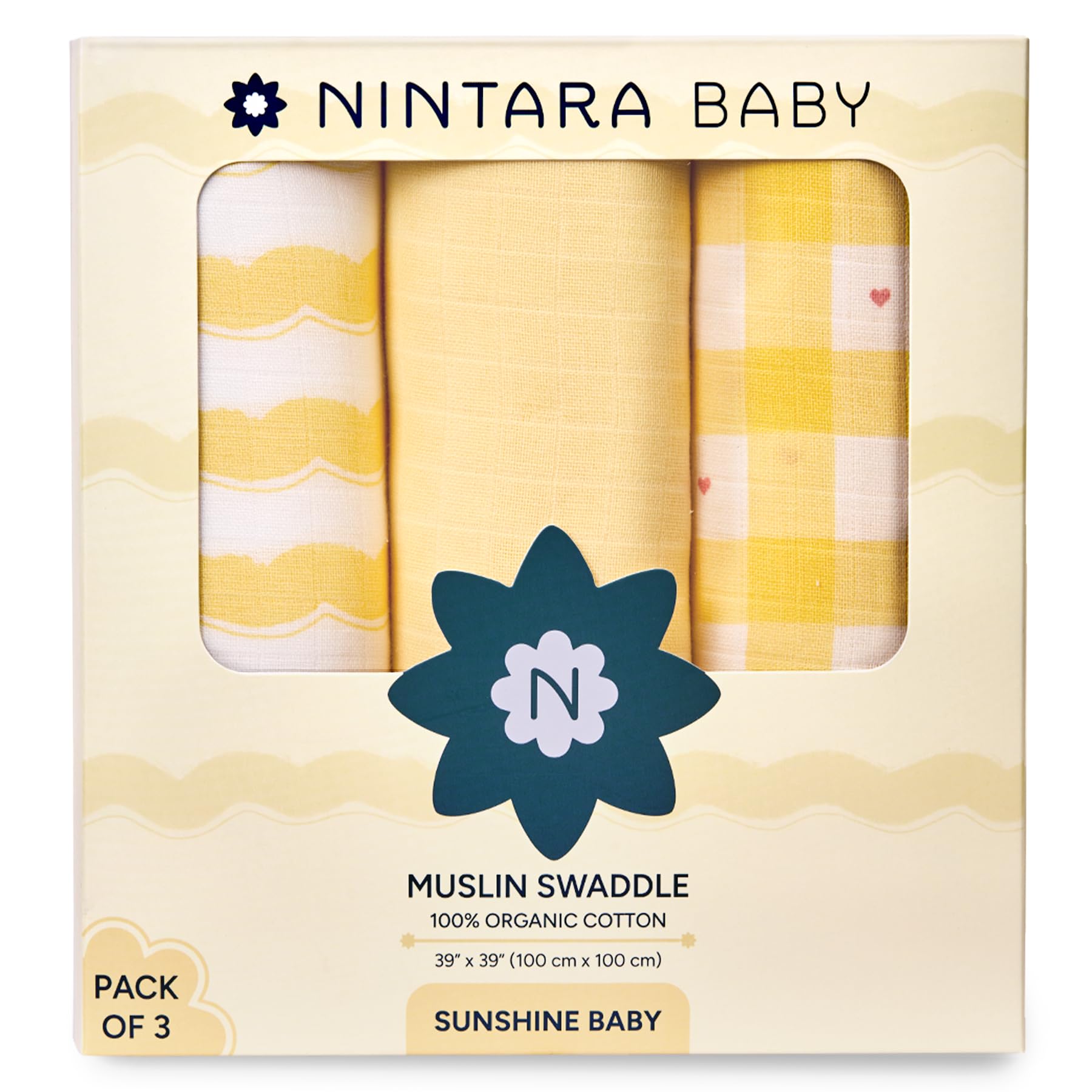 NINTARABABY Swaddle - 100% Organic Premium Muslin Cotton, 39" x 39" (100 cm x 100 cm), Ultra-Soft, Breathable & Lightweight, Multipurpose, Unisex, Hypoallergenic, Gifts for Newborn Babies, Pack of 3-image-7