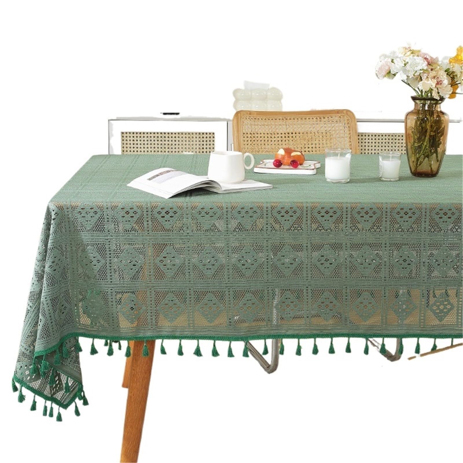 HYFEUOKF Lace Tablecloth Retro Crochet Hollowed Out Cover Cloth Household Proof Dining Table Fabric Tassel(Green,140X180cm)