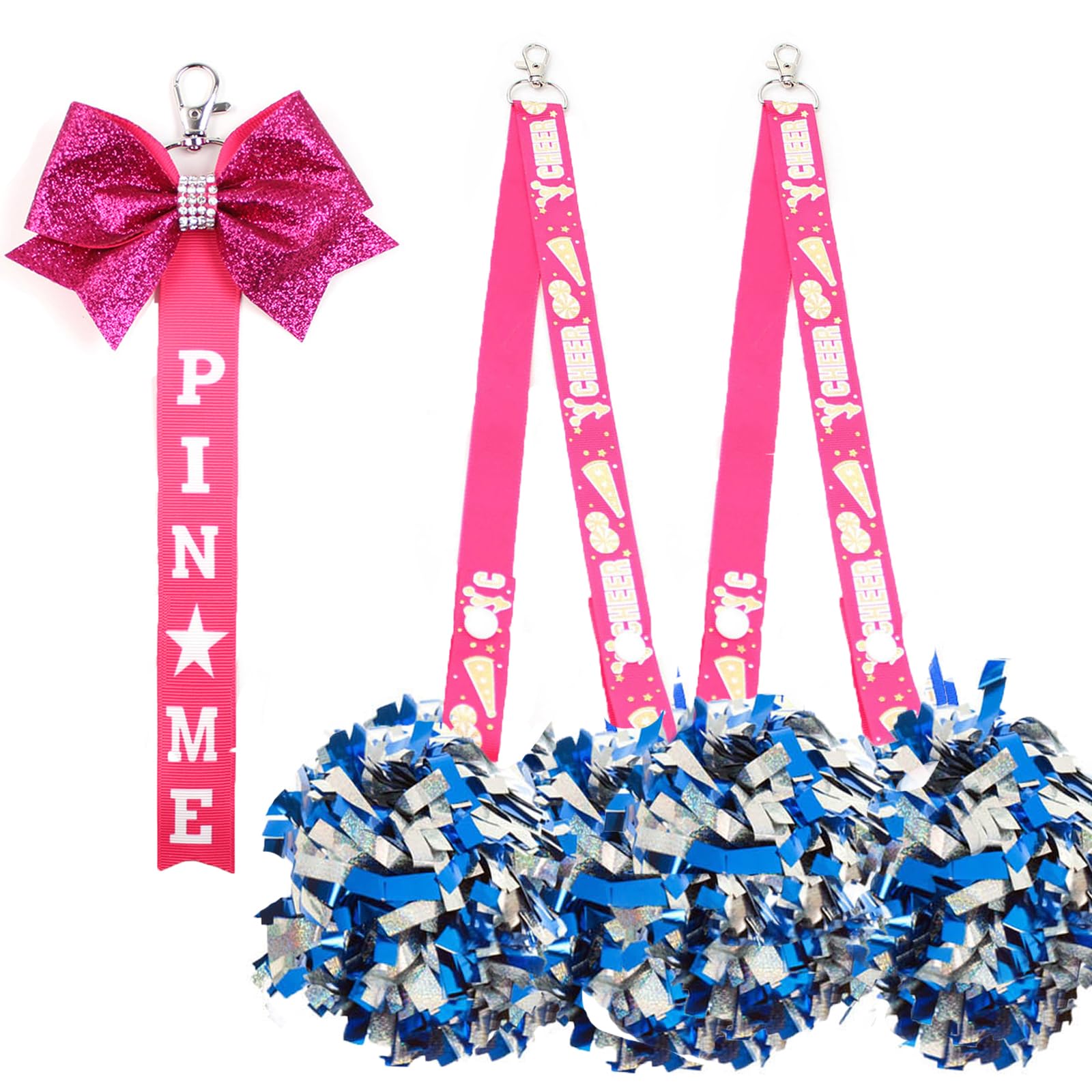 Veykoze 2 Pack Cheerleading Pom Pom Holders with Bow Keychain – Cheer Backpack Accessory with Rhinestones & Tassel – Teen Cheer Gift for Homecoming, Valentine's Day, Sports