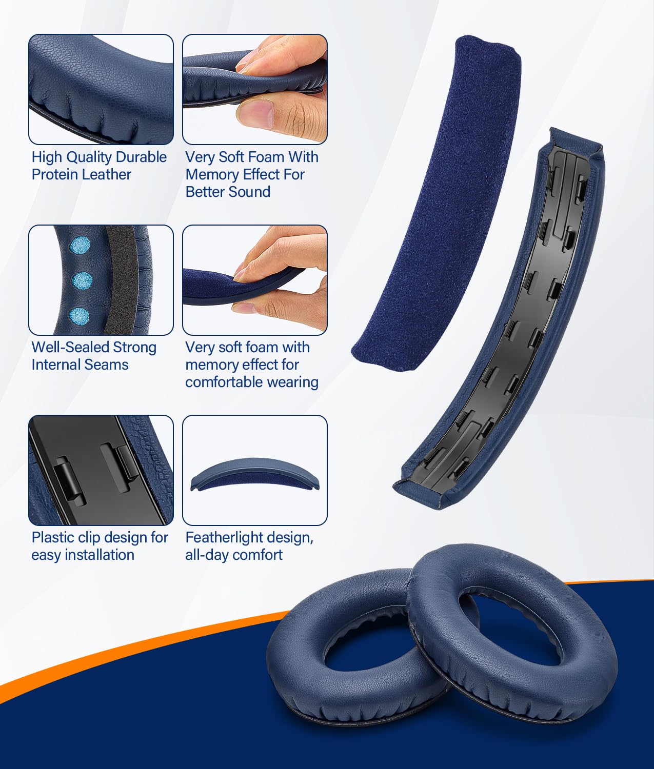 WADEO Kit di Sostituzione Cuscinetti e Archetto per Bose QC35 / QC35 II / QC35 II Gaming, Ritrova Comfort e Isolamento Acustico – Cuscinetti in Pelle Proteica
