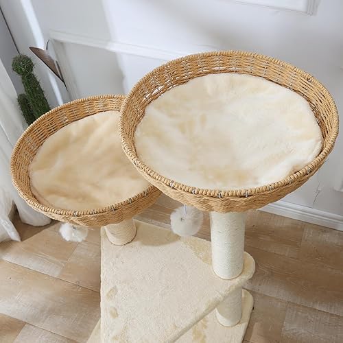 Vista 26 de SHENGOCASE Torre de árbol para gatos con cesta de mimbre de ratán, 3 cestas nido grandes tejidas a mano, percha de ventana para gatos grandes