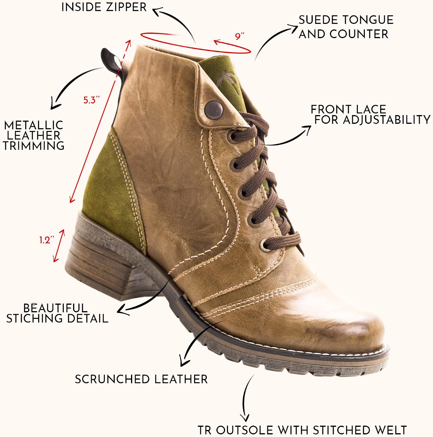Dromedaris Women's Lace-up Zip comfort combat Karissa Boot