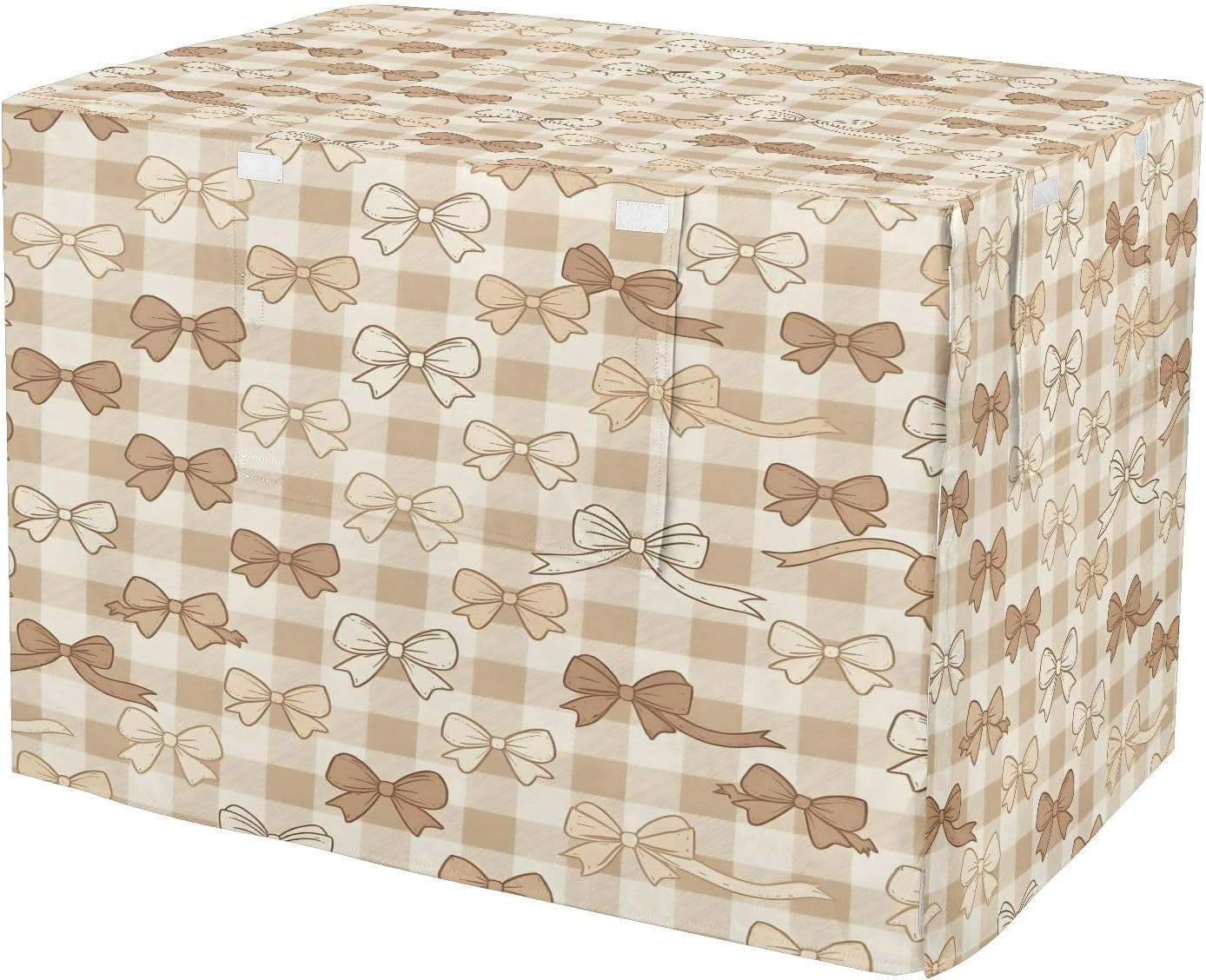 Beige Bows Checkered Dog Crate Cover 600D Oxford Pet Kennel Cover with Mesh Window for Dog Cages, Windproof Waterproof Machine Washable, 48"x30"x33"