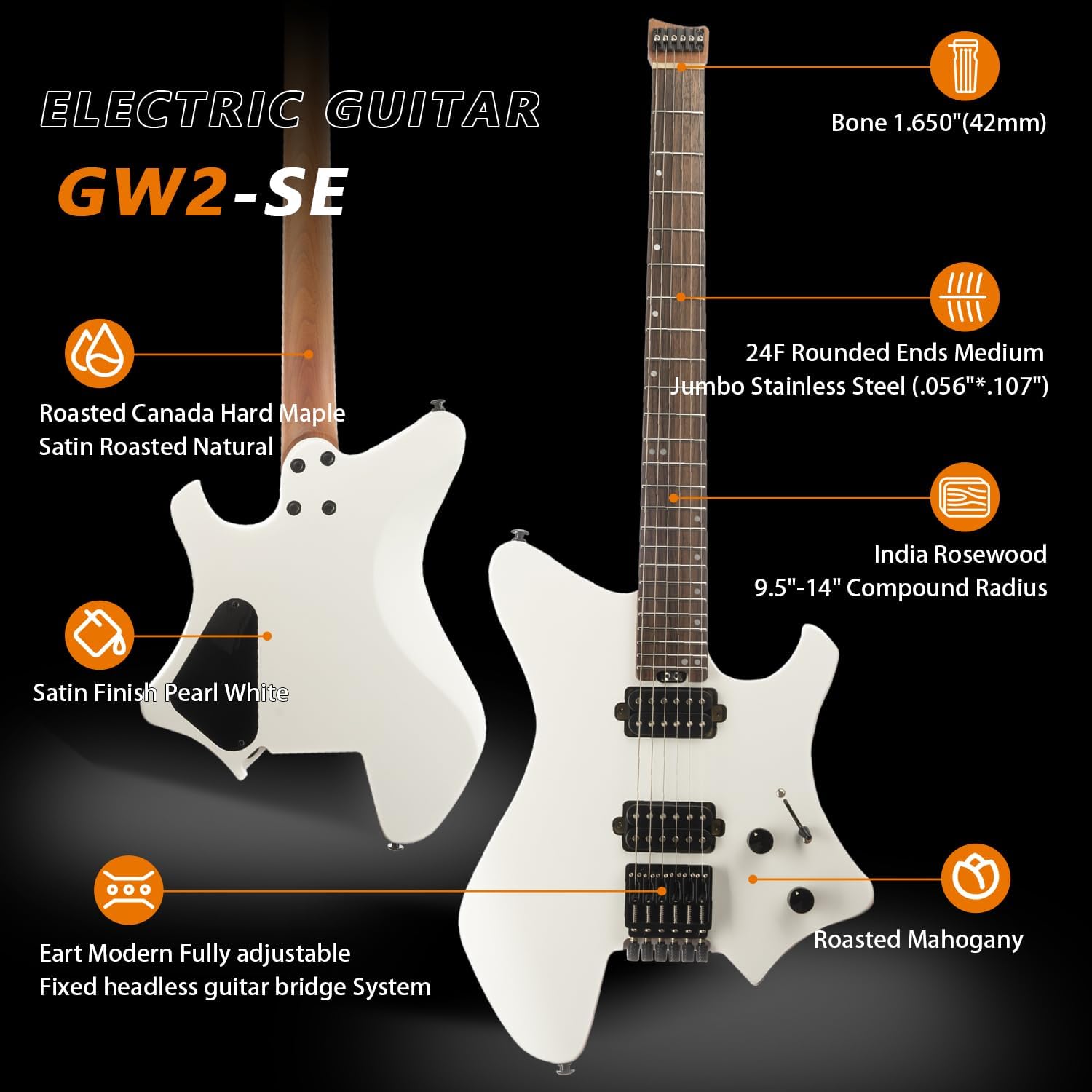EART GW2-SE 25.5" Headless Electric Guitar with Roasted Mahogany Body, Artones-H2SE Pickups, Stainless Steel Frets & Adjustable Bridge (Black/White/Blue) - Professional Compound Radius Design