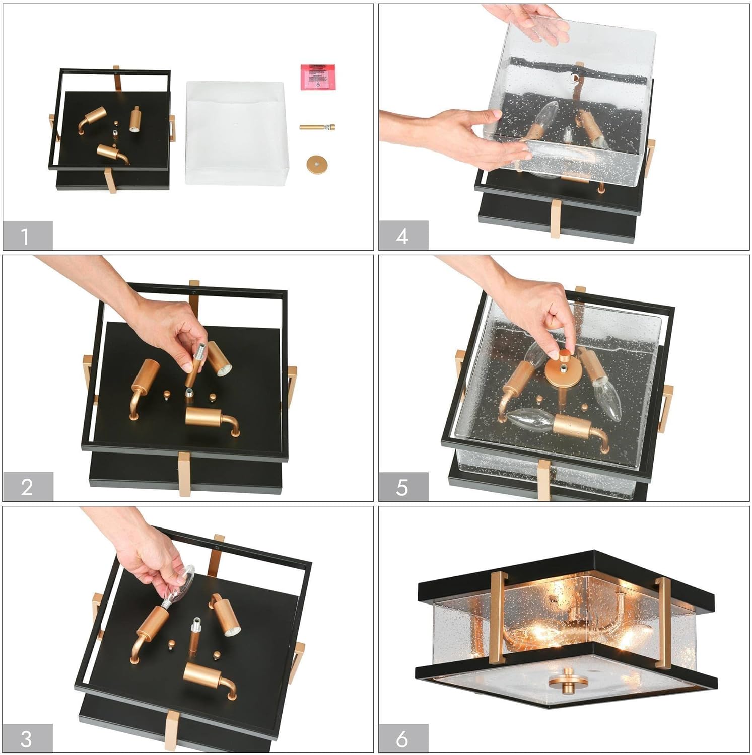 ZEVNI Modern Black Gold Flush Mount Ceiling Light Fixtures, 3-Light Industrial Close to Ceiling Lighting with Seeded Glass Shade for Bedroom, Hallway, Foyer, Kitchen, Dining Room, 12" Dia