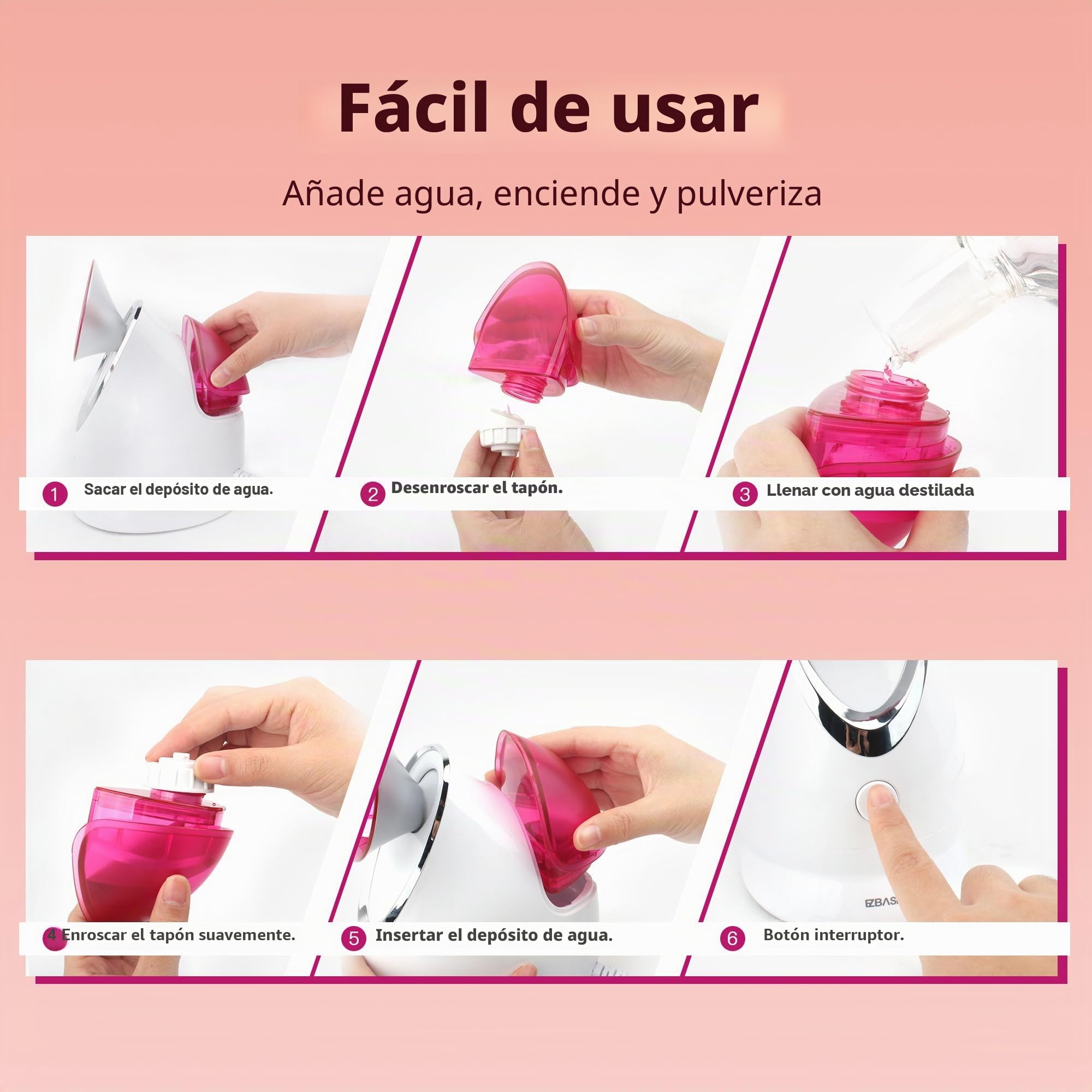 Vaporizador Facial Spray SPA Facial de Nano Iónico Hogareño, Destapar Poros, Humidificador Atomizador de Niebla Caliente, Hidratación de Rostro,1 Pack + 5 Stainless Steel Skin Kit Rosa