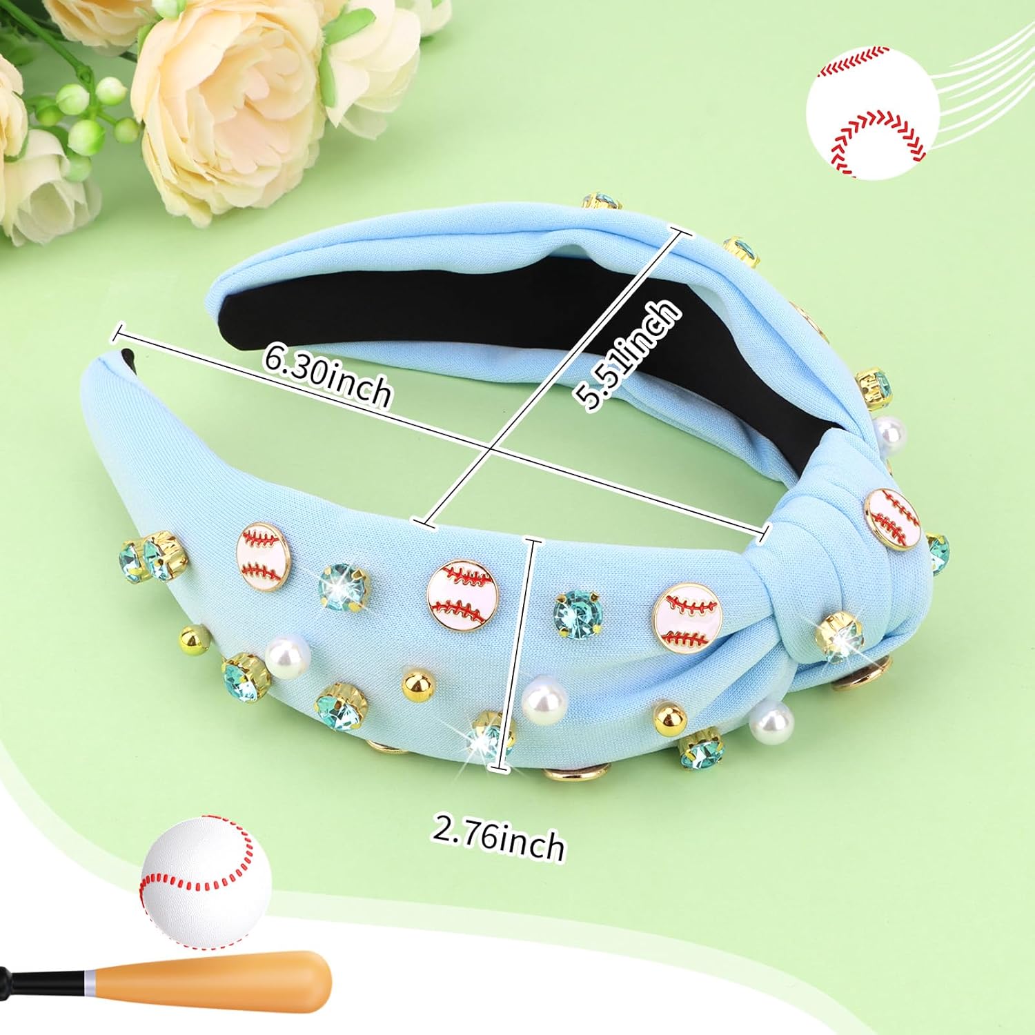Baseball Headbands for Women Crystal Baseball Embellished Wide Top Knot Headband for Women Game Day Hair Accessories (Blue) - Image 6