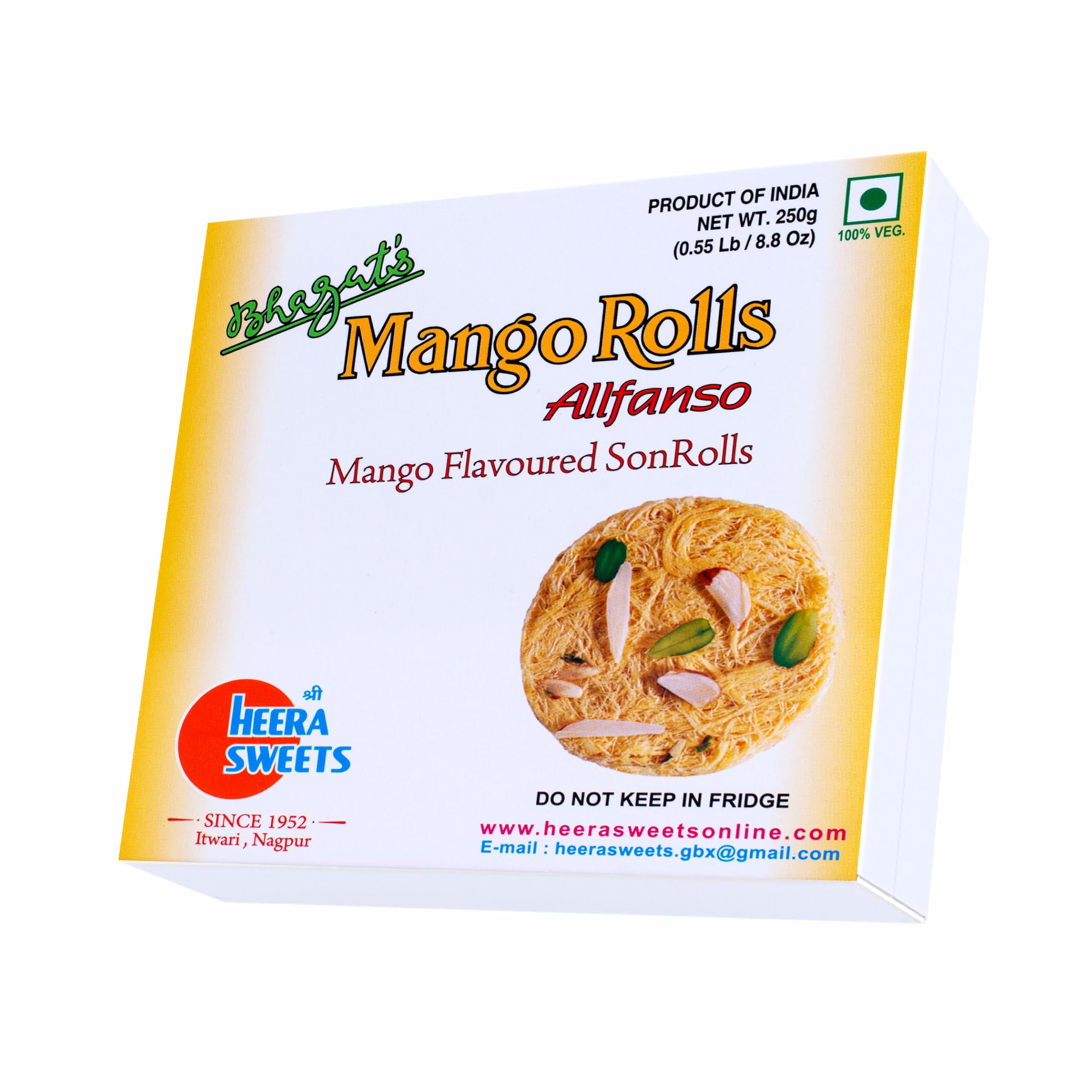 Bhagat’s Heera Sweets Mango Son Rolls 250 gm from Nagpur | Premium Indian Son Rolls Mithai | Perfect for Diwali Indian Sweets, Rose Soan Rolls Gifts & Hampers