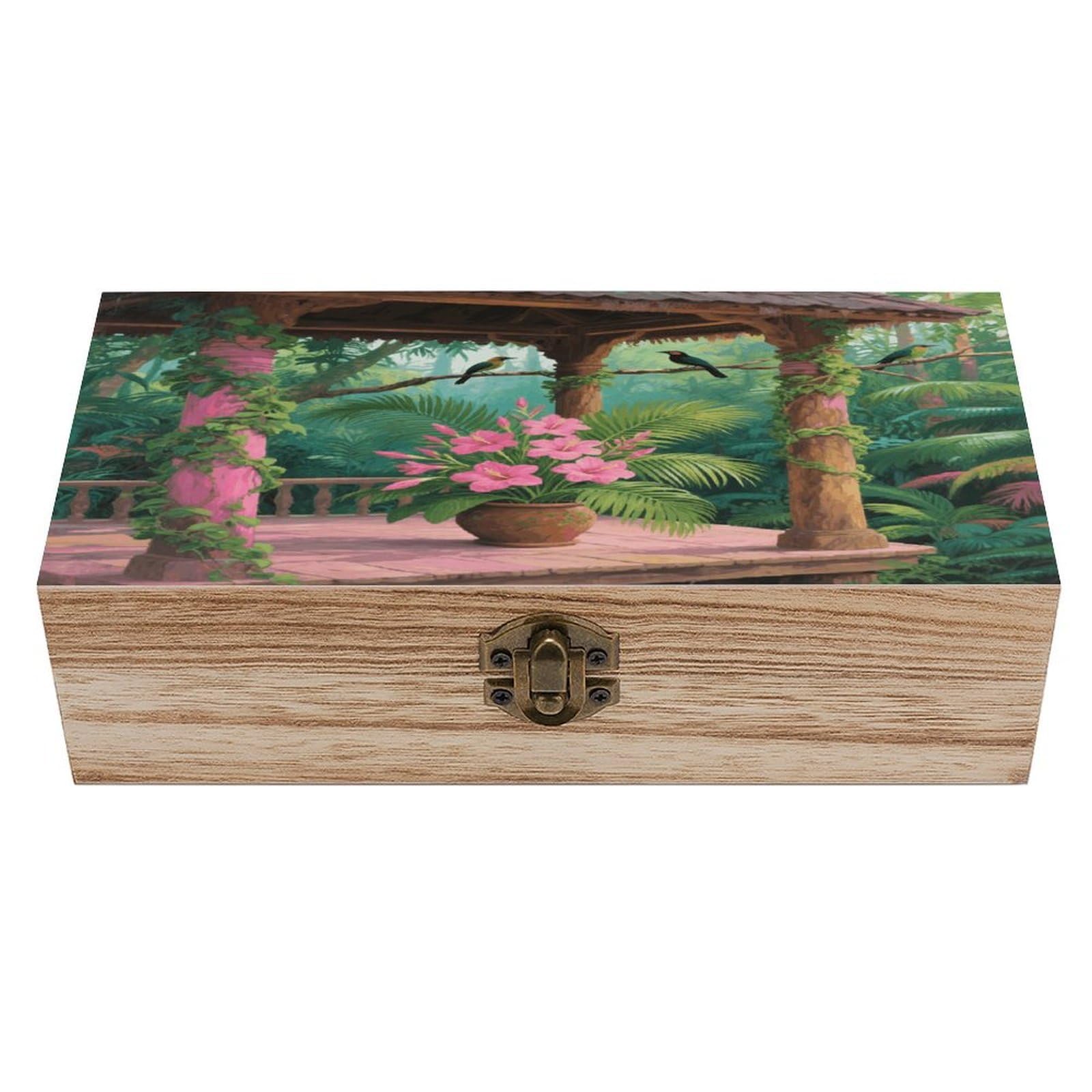 VstaDank Tropical Flowers Palm Leaves Wooden Storage Box Decorative Jewelry Case with Lids Exquisite Wood Box Letters Gifts Acacia Wood Boxes Fashion Wooden Keepsake Boxes for Men Women