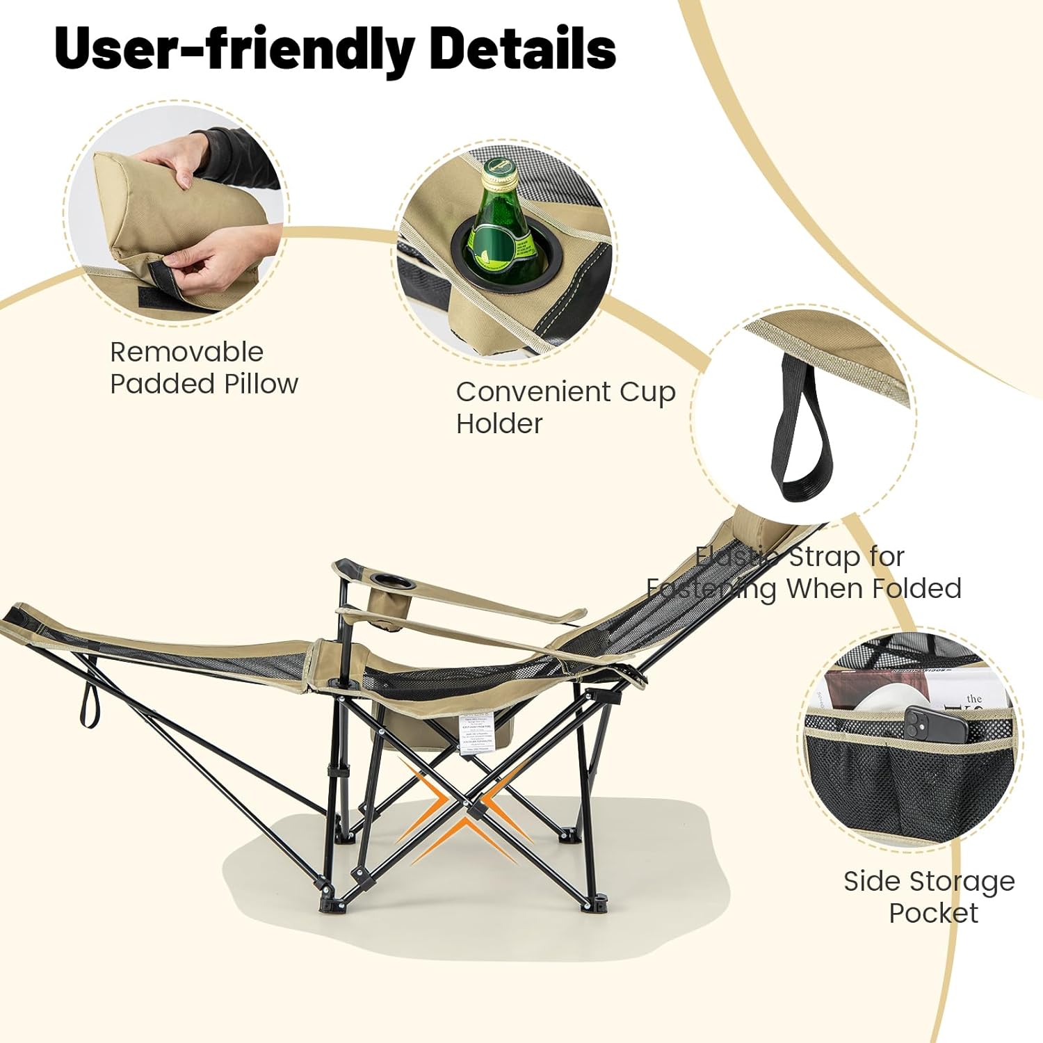 Close-up of chair features: removable pillow, cup holder, elastic strap, side pocket