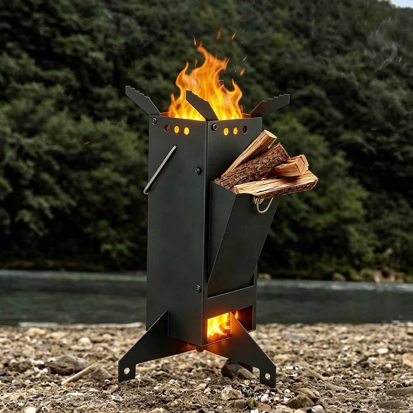 Stufa a razzo per barbecue, forno a legna a razzo, in acciaio pressofuso, con borsa per il trasporto | Stufa a razzo per barbecue, per cucinare, cortile, campeggio, barbecue, eventi all'aperto, barbecue