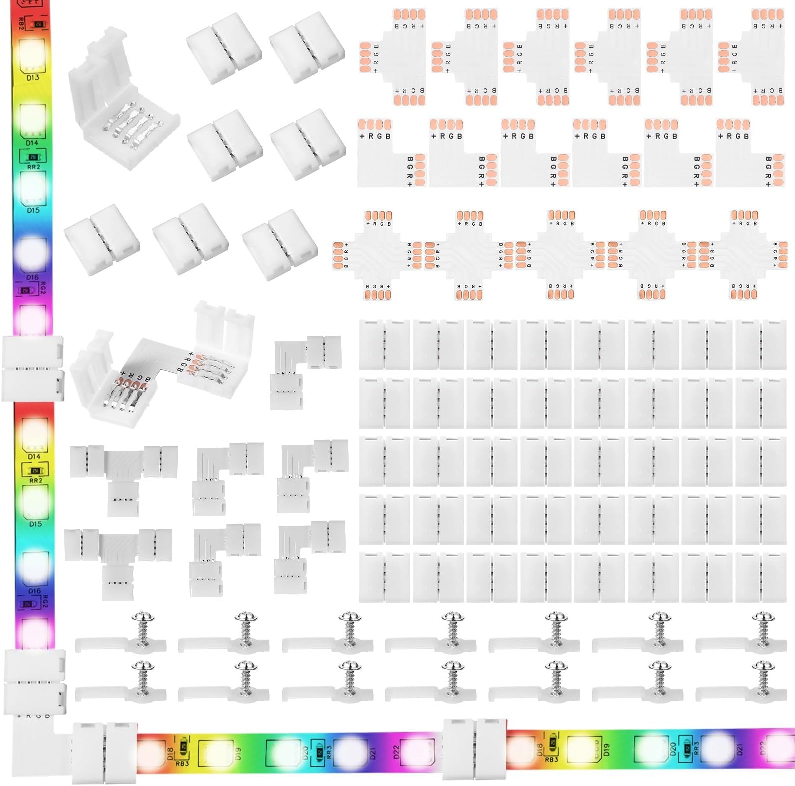 Mudder 95 Pieces 4 Pin LED Light Strip Connectors Set Including Screw Clips, 4 Pin LED Connectors, Cuttable T, L and X Shape PCB Board for SMD 5050 10 mm RGB Strip Lights Gapless Connector